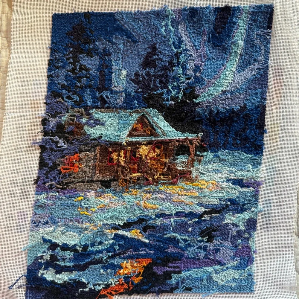 Needlepoint Northern Lights Winter Cabin Finished Handmade Art 11 x 14